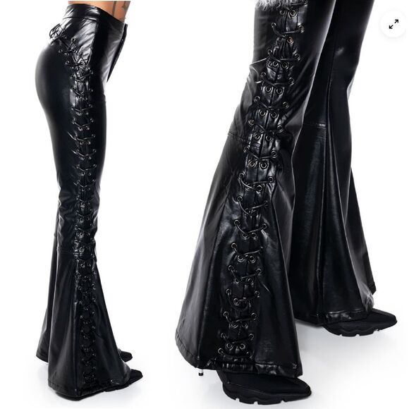 AKIRA Black Perfect Control Faux Leather Lace Up Flare Pants LG *NO OFFERS* - Picture 8 of 16